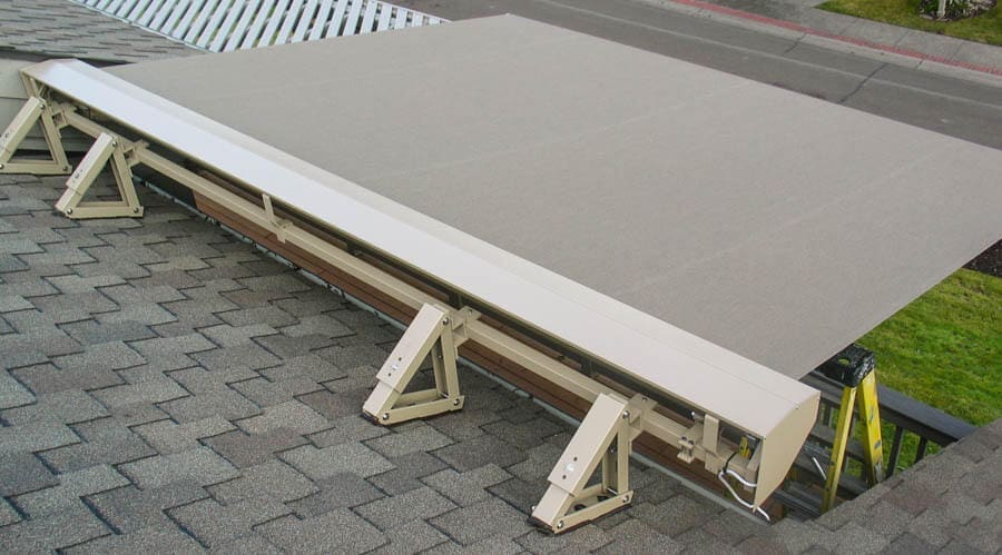 Mounting bracket detail, showing how a retractable awning is mounted to a roof.